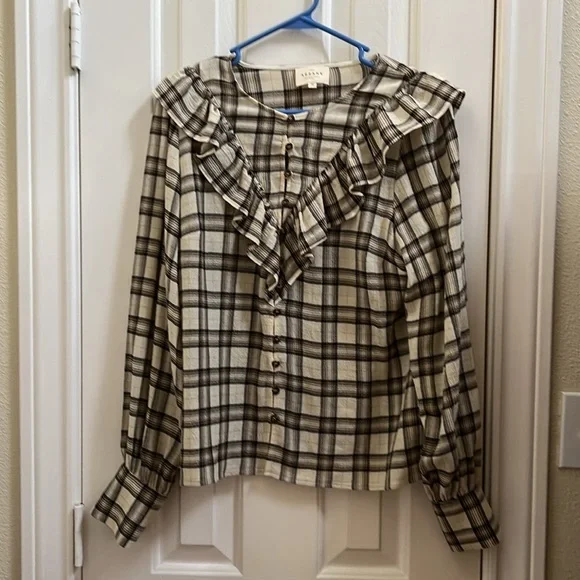 Sézane Women’s Angela Shirt Button Ruffle Front Casablanca Plaid Blouse Size 36 - Picture 3 of 7